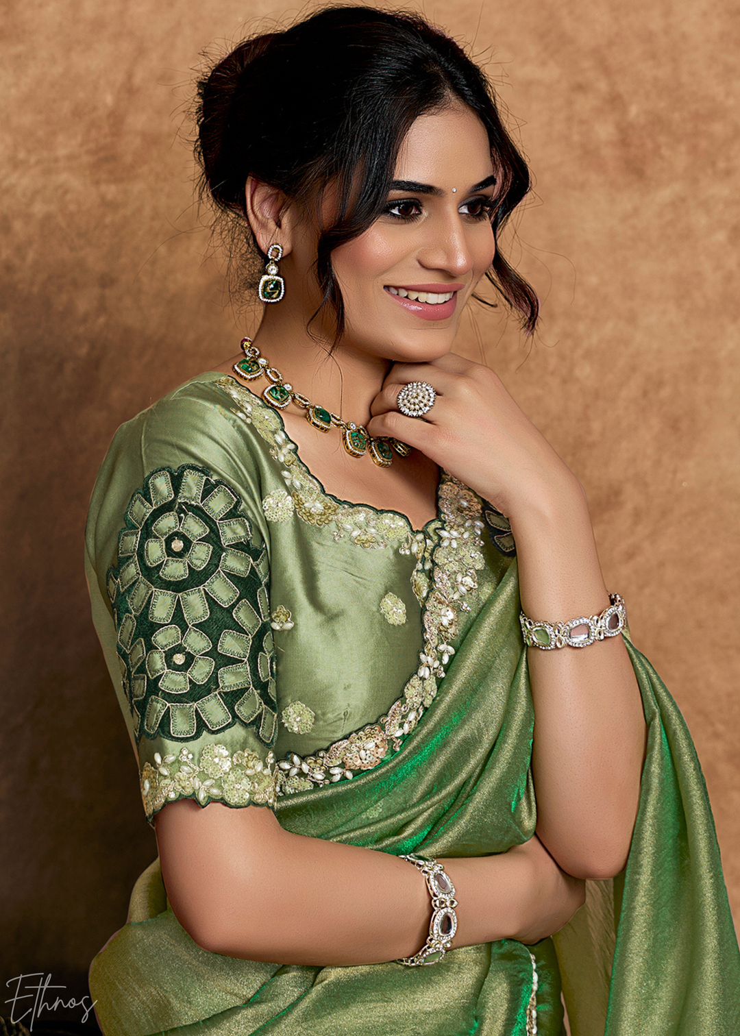 Sage Green Sequin Embroidered Organza Satin Saree