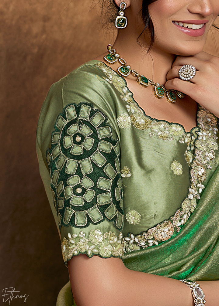 Sage Green Sequin Embroidered Organza Satin Saree