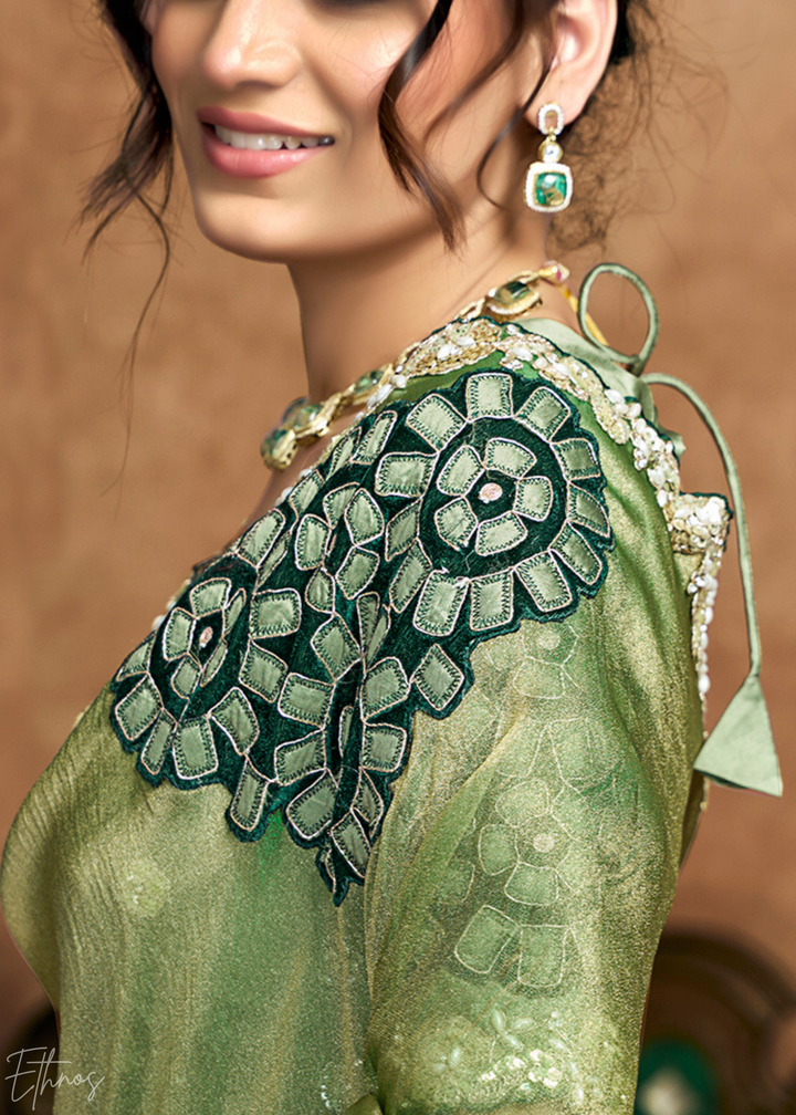 Sage Green Sequin Embroidered Organza Satin Saree