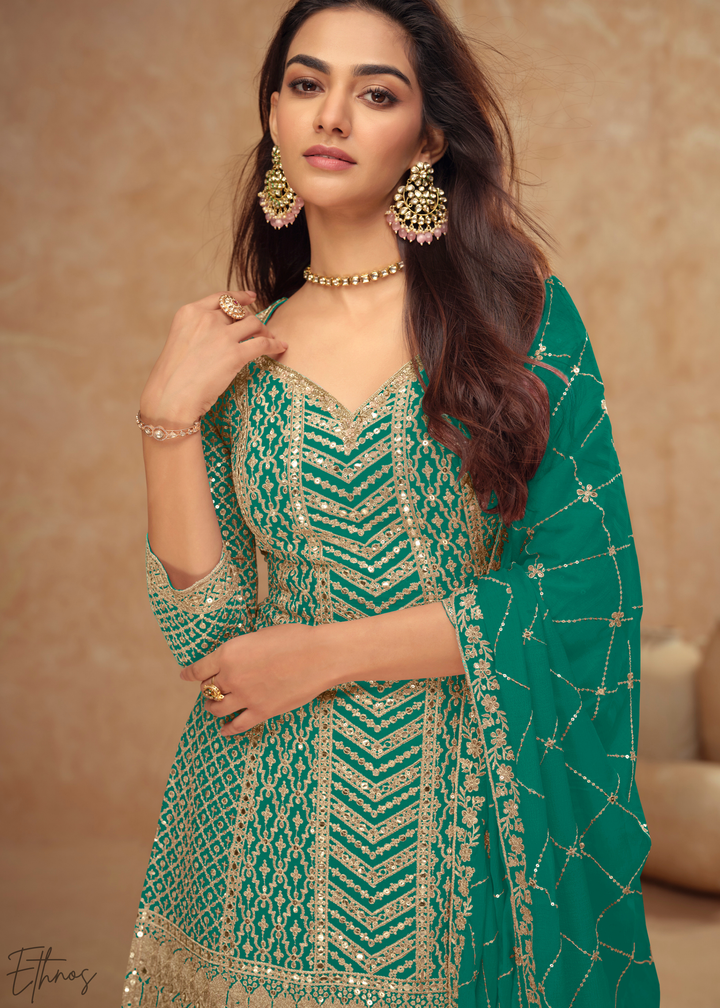 Sage Green Sequins Chinon Palazzo Suit