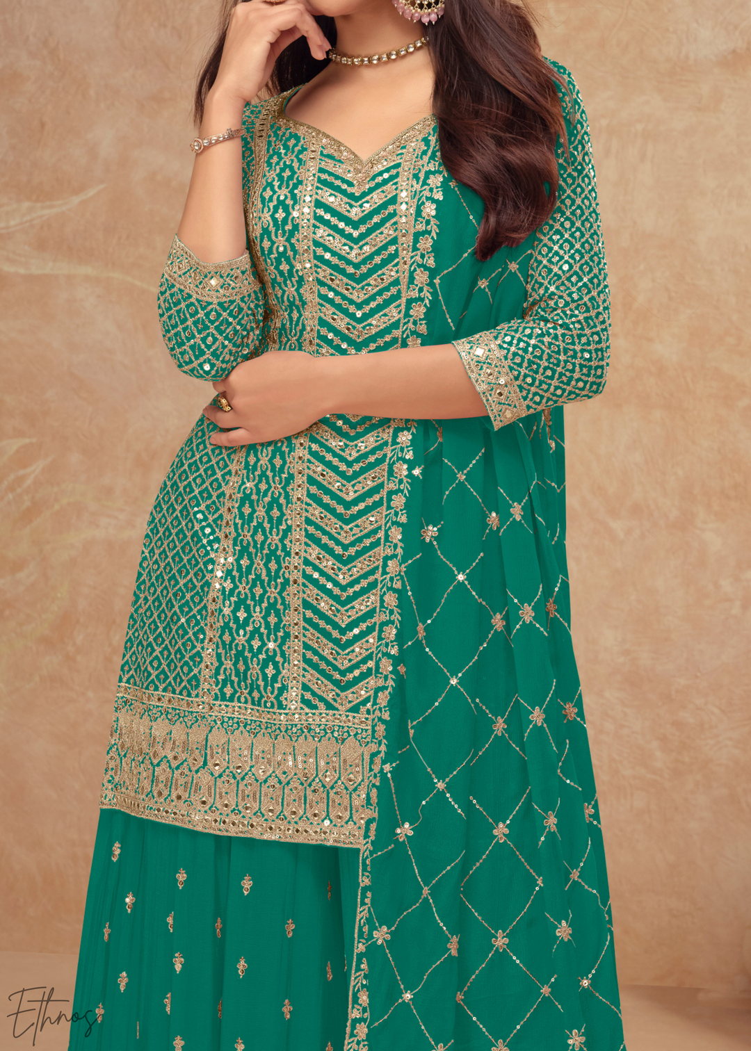 Sage Green Sequins Chinon Palazzo Suit