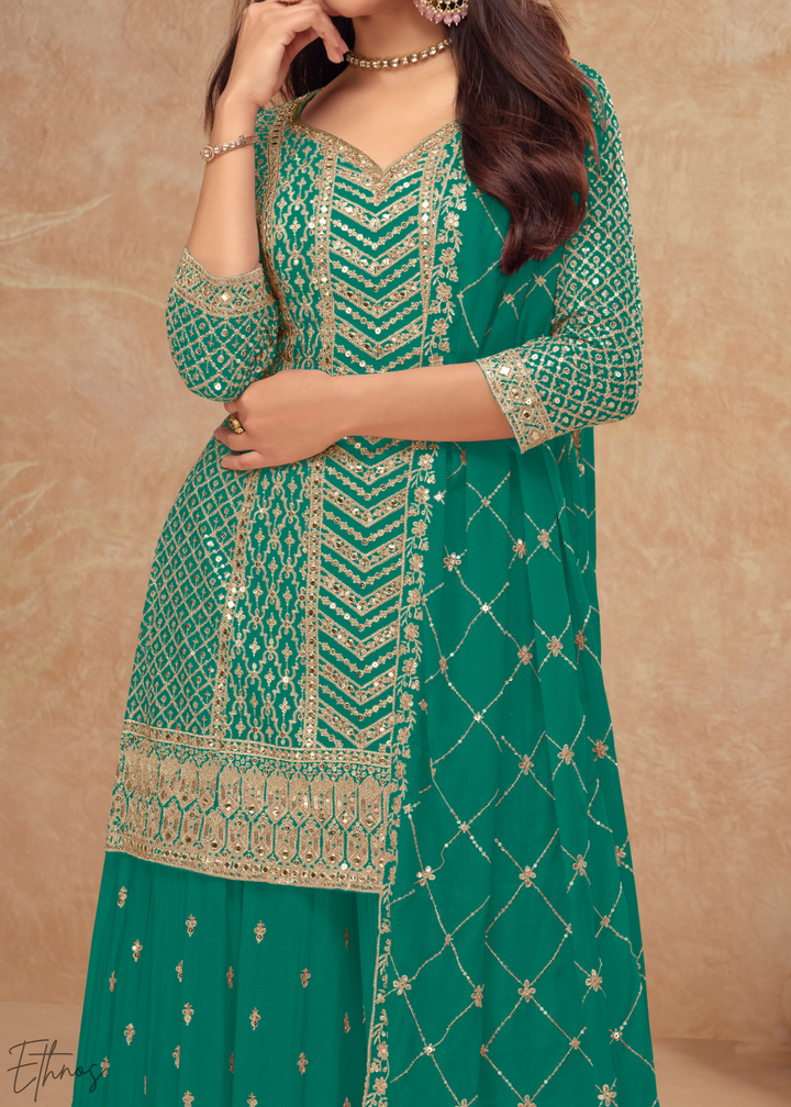 Sage Green Sequins Chinon Palazzo Suit