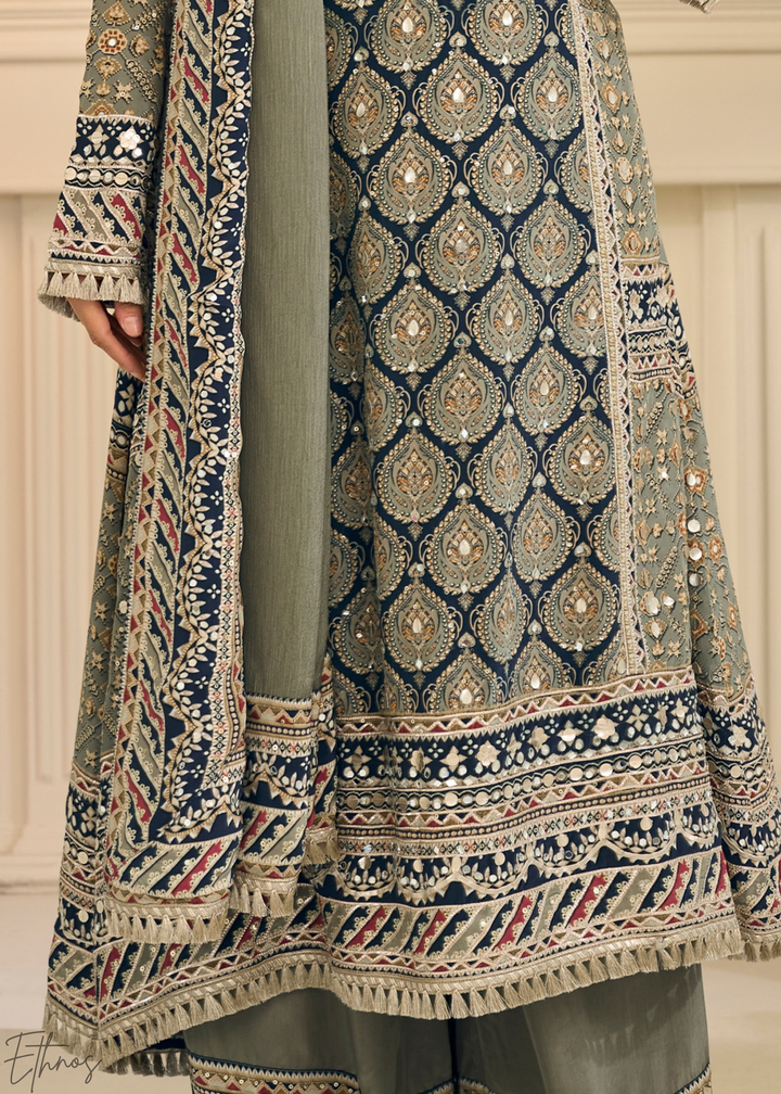Sage Lattice Medallion Crepe Silk Flared Tunic Palazzo Suit