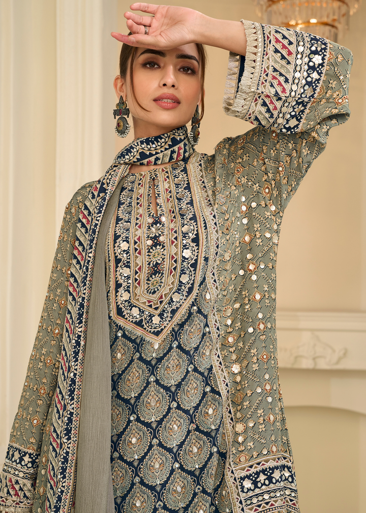 Sage Lattice Medallion Crepe Silk Flared Tunic Palazzo Suit