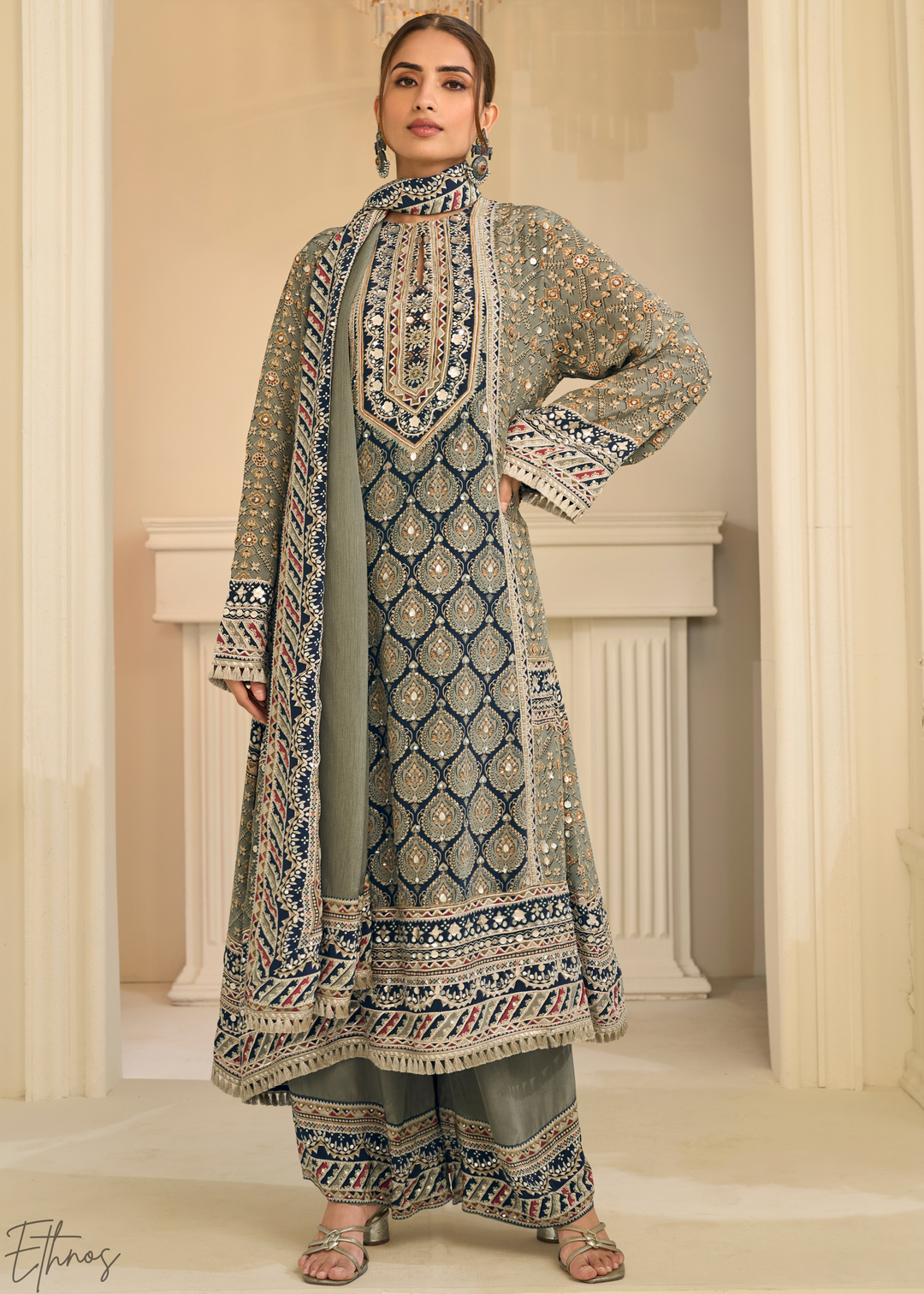 Sage Lattice Medallion Crepe Silk Flared Tunic Palazzo Suit