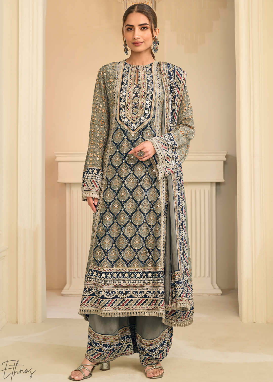 Sage Lattice Medallion Crepe Silk Flared Tunic Palazzo Suit