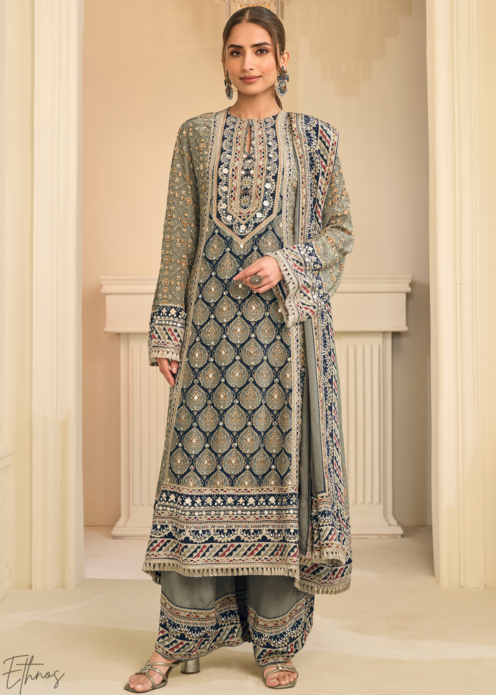 Sage Lattice Medallion Crepe Silk Flared Tunic Palazzo Suit