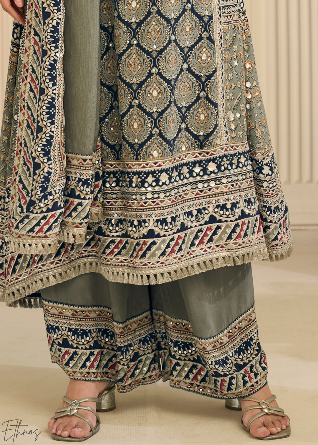 Sage Lattice Medallion Crepe Silk Flared Tunic Palazzo Suit