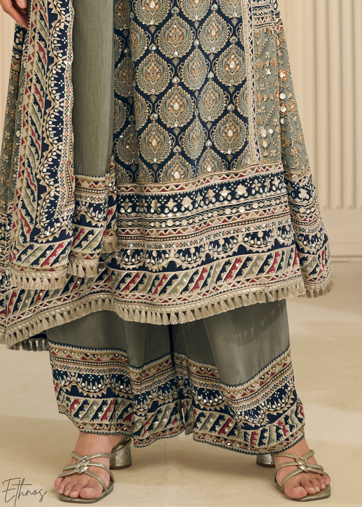 Sage Lattice Medallion Crepe Silk Flared Tunic Palazzo Suit