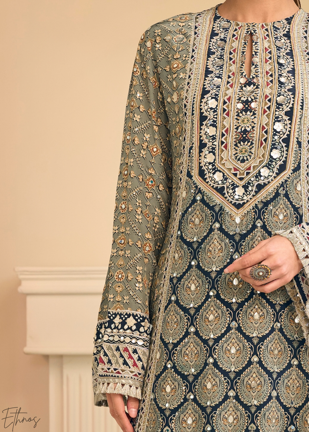 Sage Lattice Medallion Crepe Silk Flared Tunic Palazzo Suit