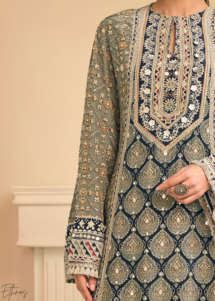 Sage Lattice Medallion Crepe Silk Flared Tunic Palazzo Suit