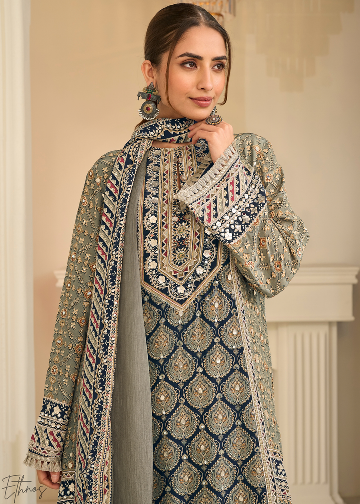 Sage Lattice Medallion Crepe Silk Flared Tunic Palazzo Suit