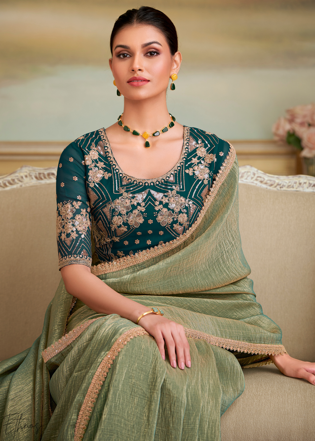 Sage Olive Gold Metallic Georgette Saree