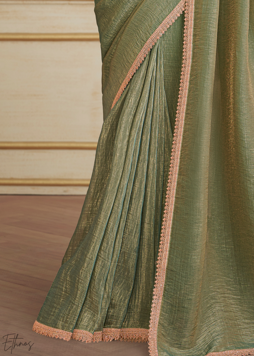 Sage Olive Gold Metallic Georgette Saree