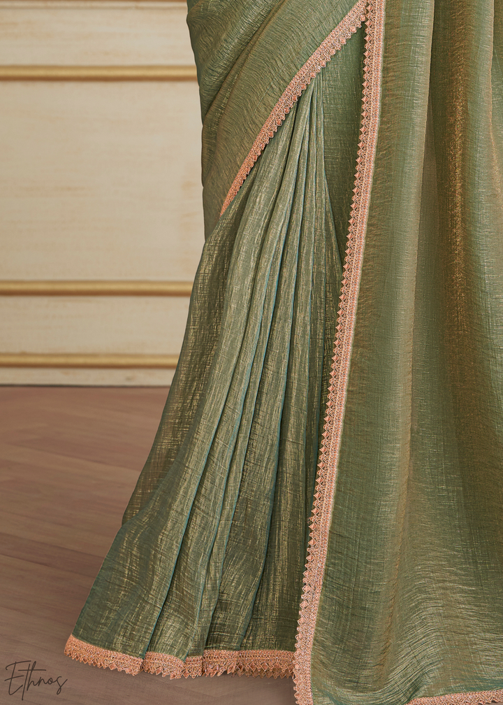 Sage Olive Gold Metallic Georgette Saree