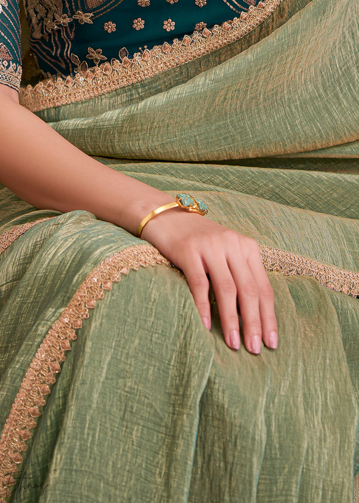 Sage Olive Gold Metallic Georgette Saree