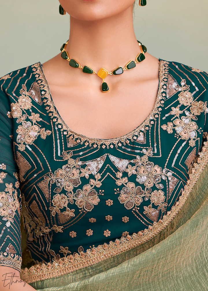 Sage Olive Gold Metallic Georgette Saree