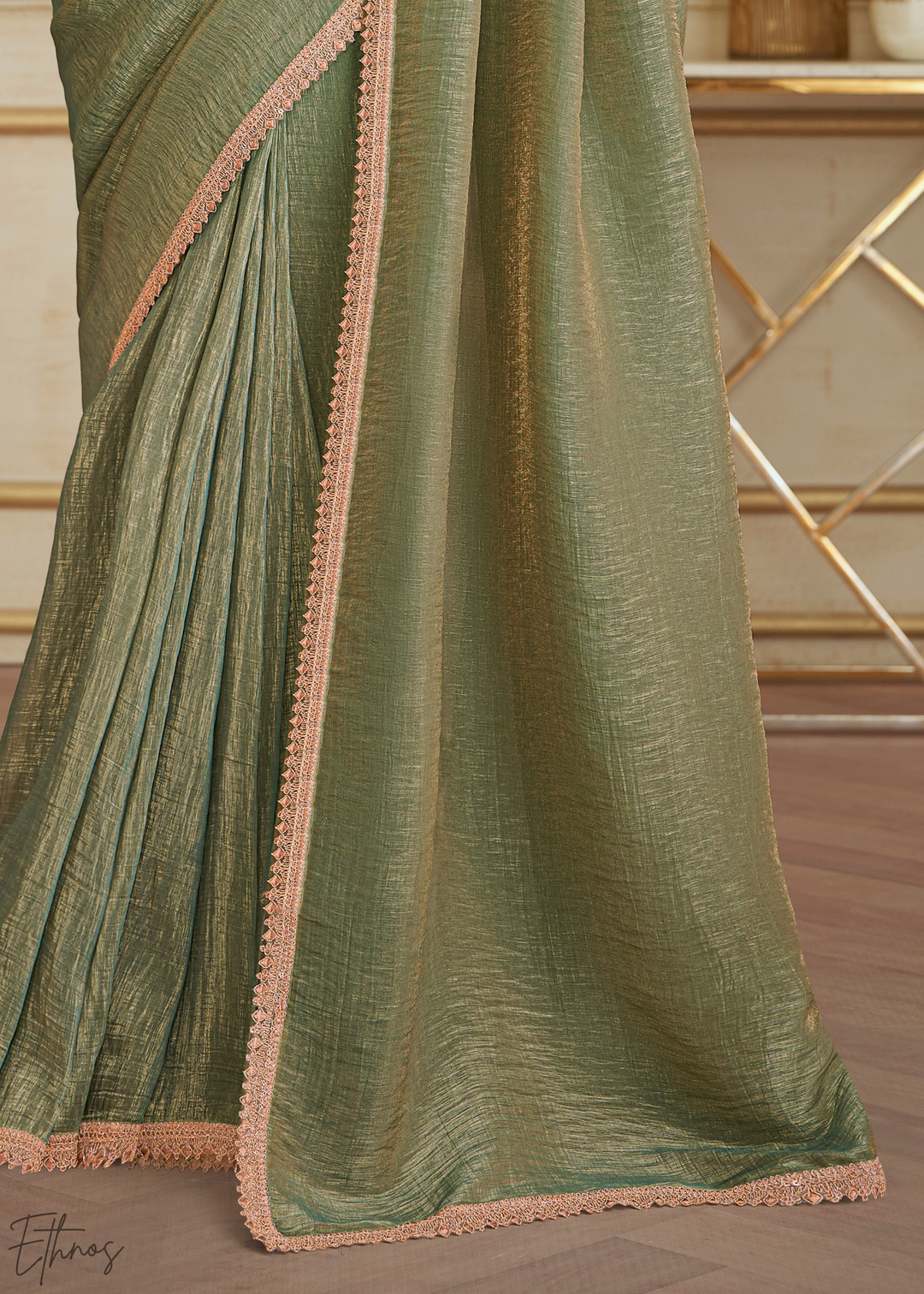 Sage Olive Gold Metallic Georgette Saree