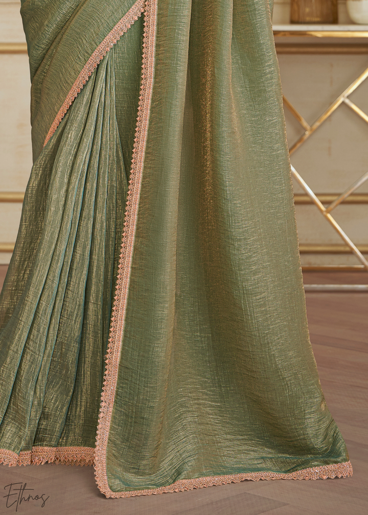 Sage Olive Gold Metallic Georgette Saree