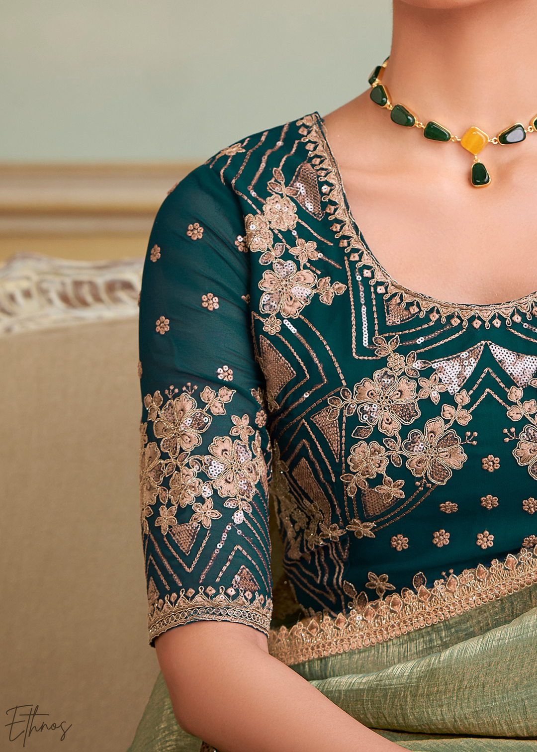 Sage Olive Gold Metallic Georgette Saree
