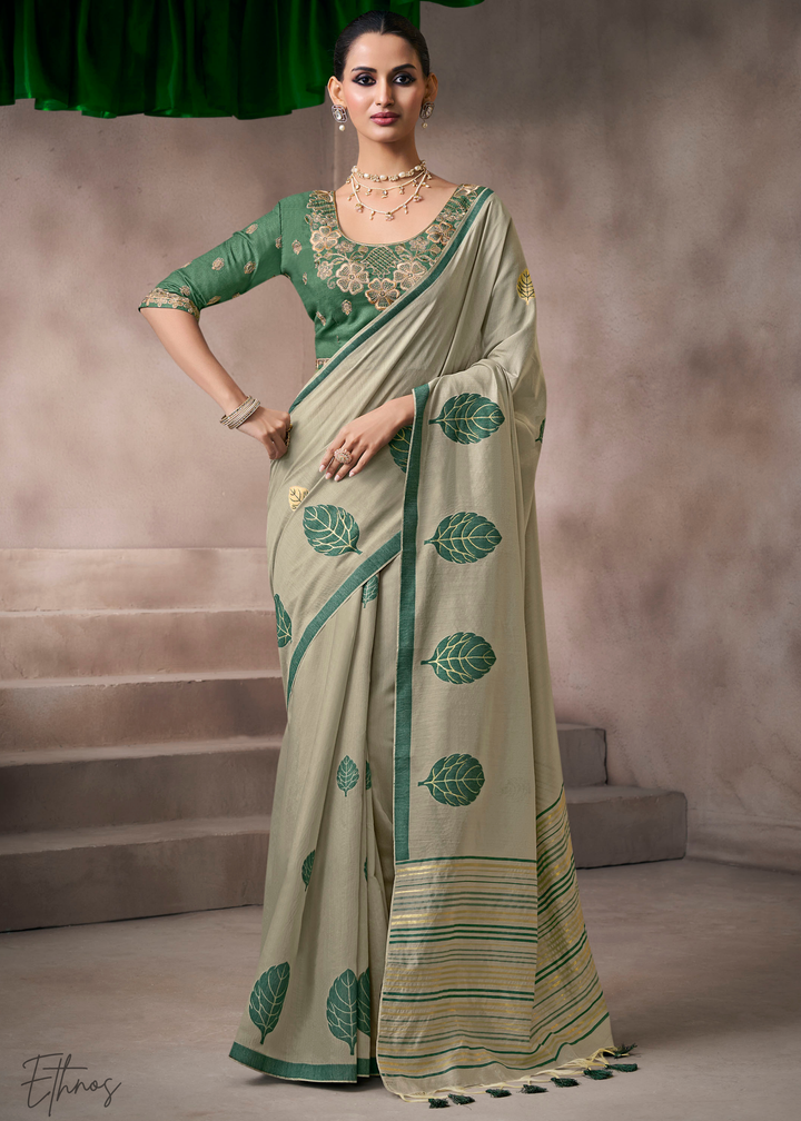 Sage Olive Meadow Flora Viscose Silk Saree