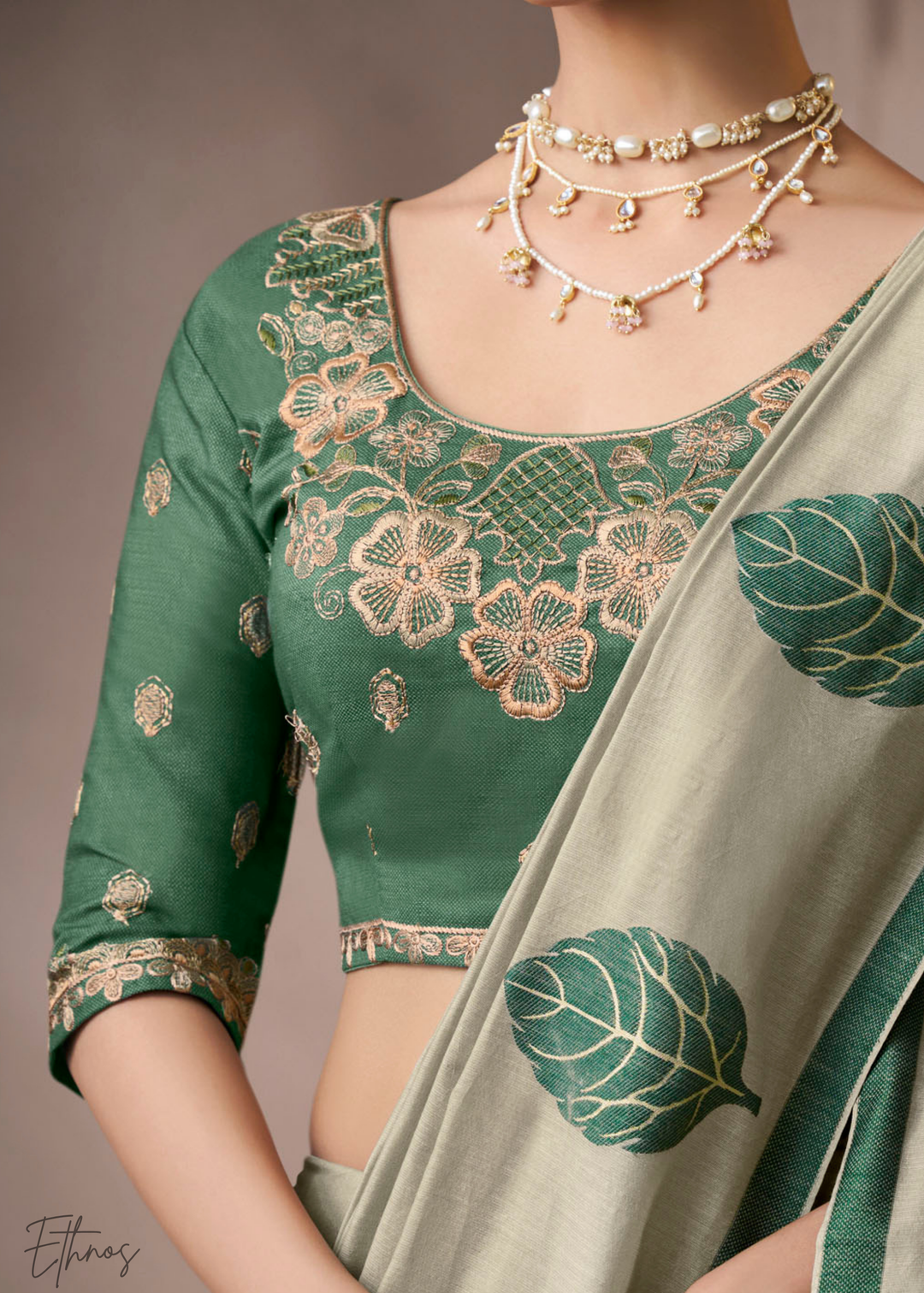 Sage Olive Meadow Flora Viscose Silk Saree