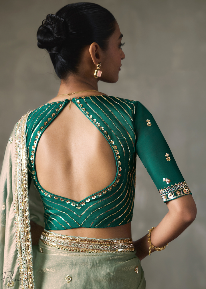Sage Floral Scallop Beaded Border Silk Saree