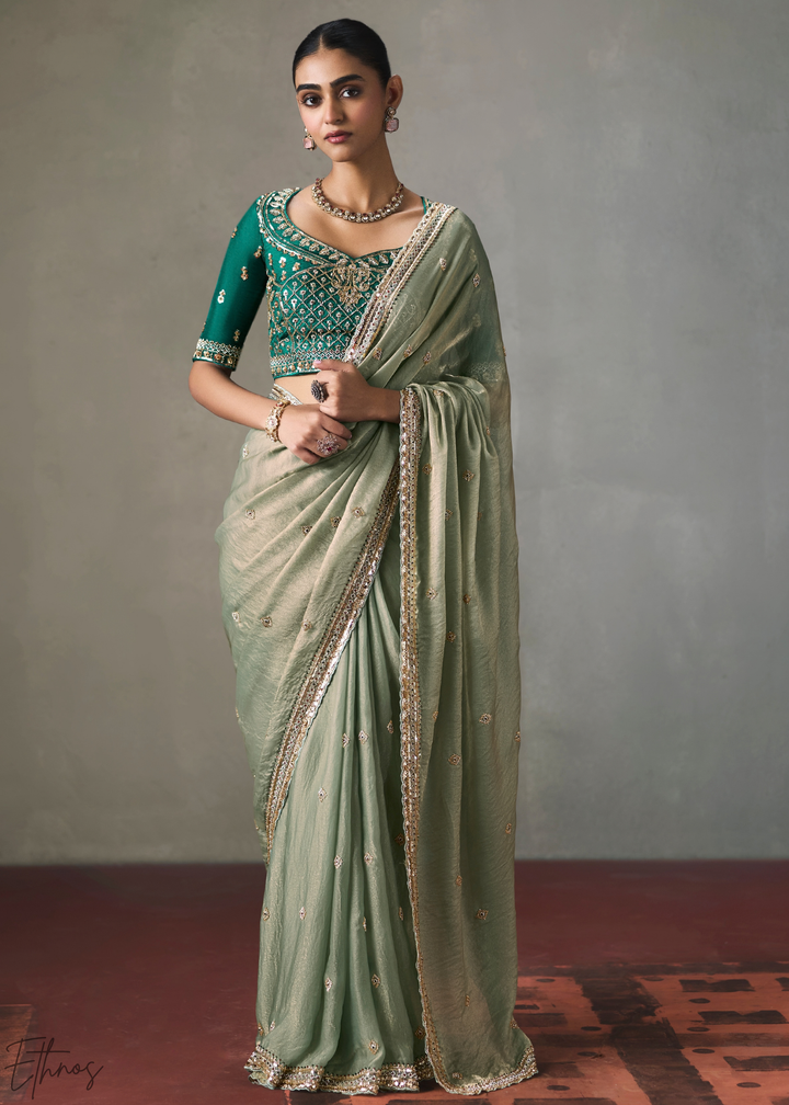 Sage Floral Scallop Beaded Border Silk Saree