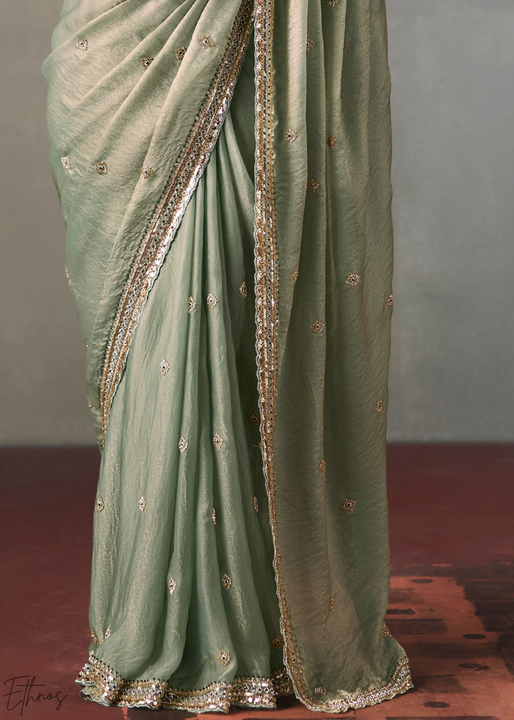 Sage Floral Scallop Beaded Border Silk Saree