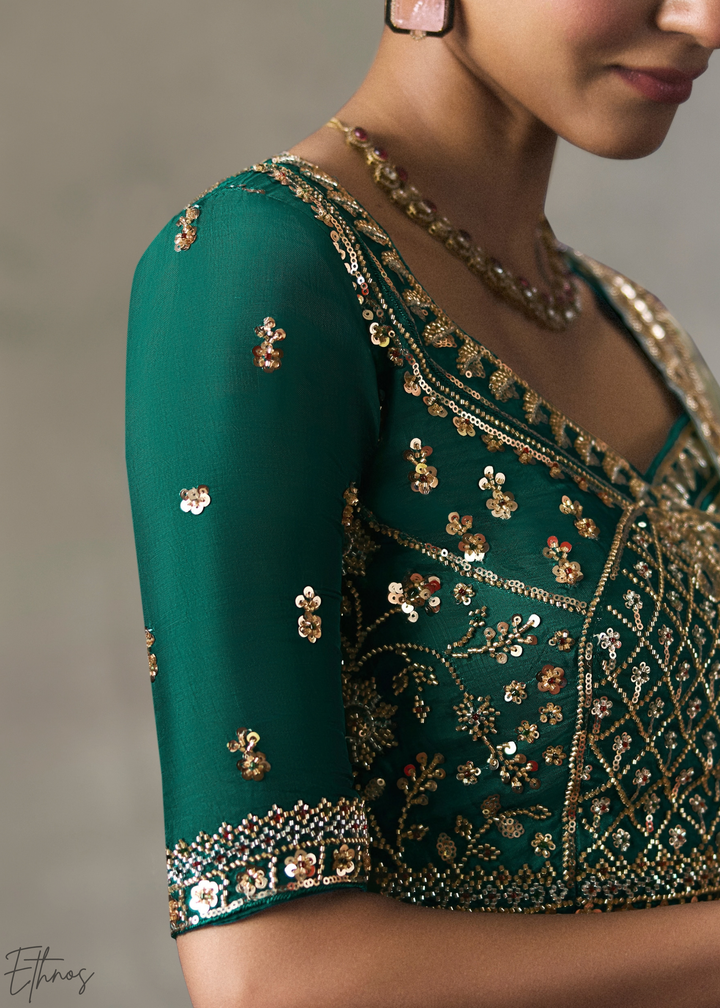 Sage Floral Scallop Beaded Border Silk Saree