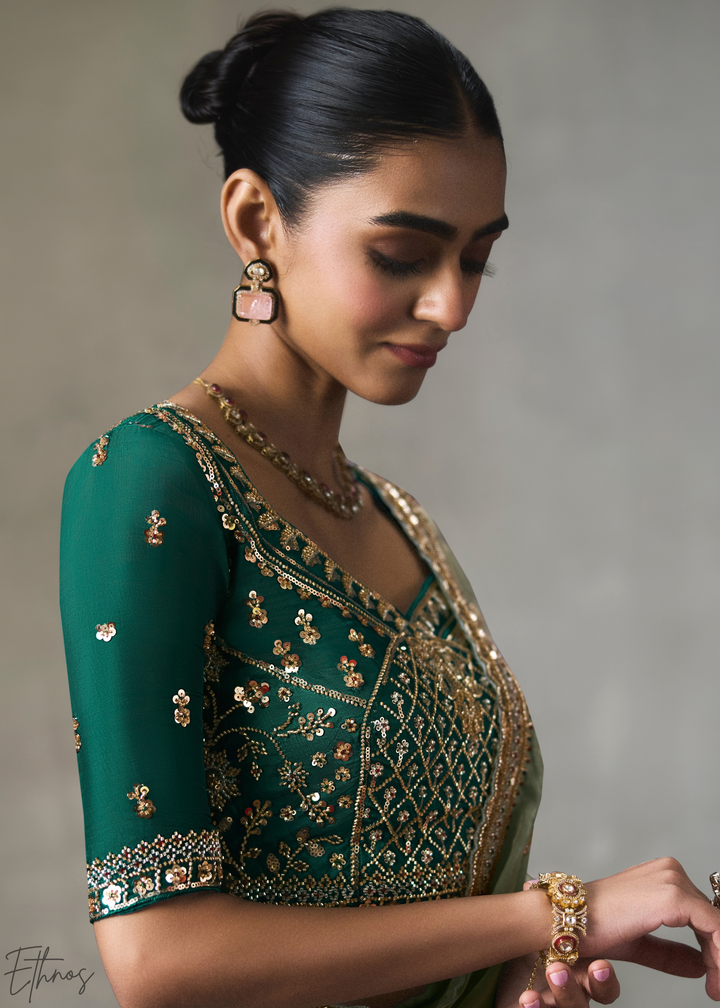 Sage Floral Scallop Beaded Border Silk Saree