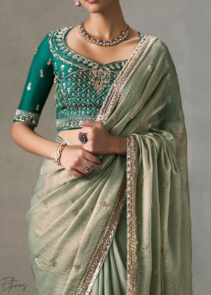 Sage Floral Scallop Beaded Border Silk Saree