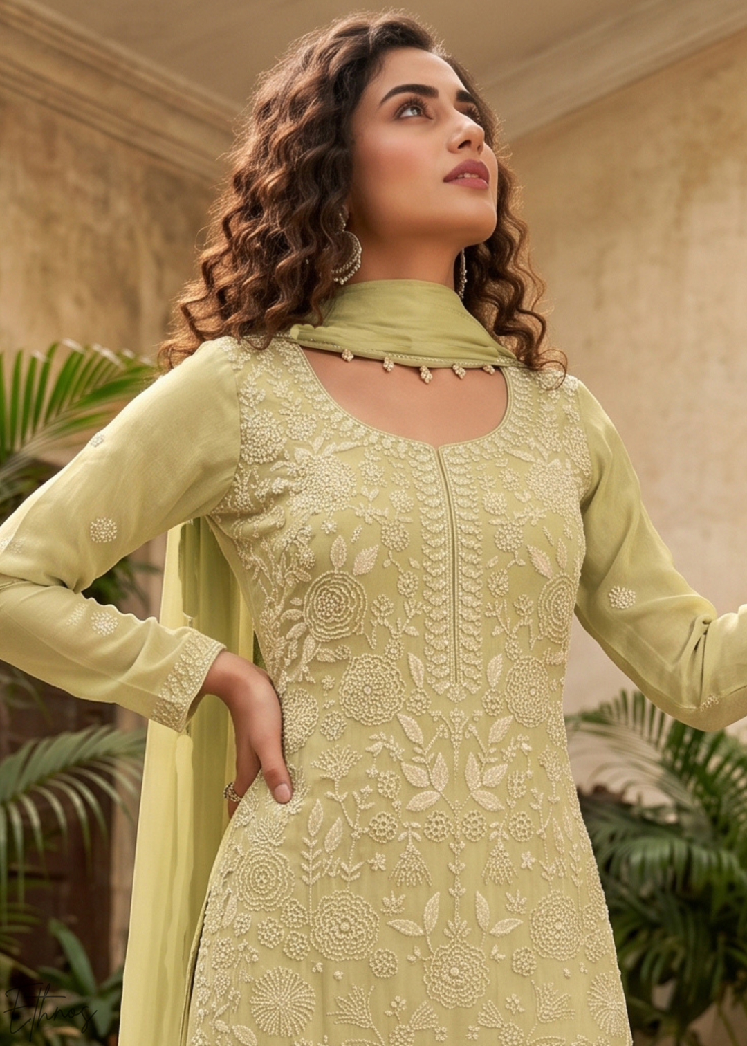 Sage Green Beaded-Breeze Chinon Sharara Suit