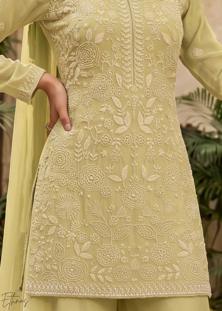 Sage Green Beaded-Breeze Chinon Sharara Suit