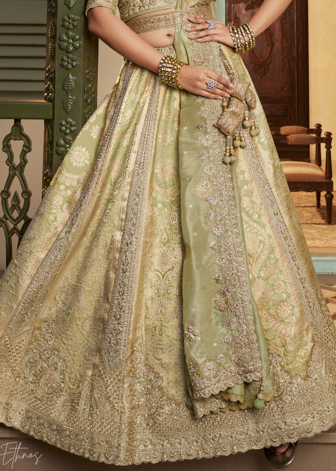 Sage Green Zari Embroidered Banarasi Silk Lehenga