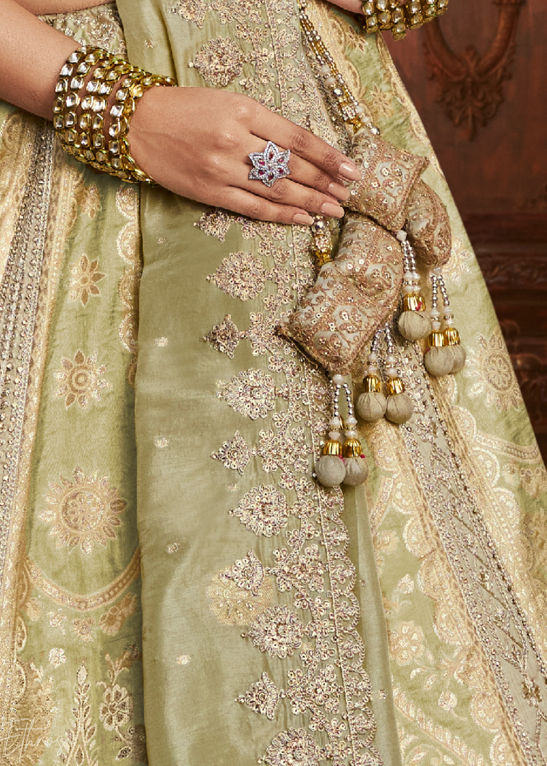 Sage Green Zari Embroidered Banarasi Silk Lehenga