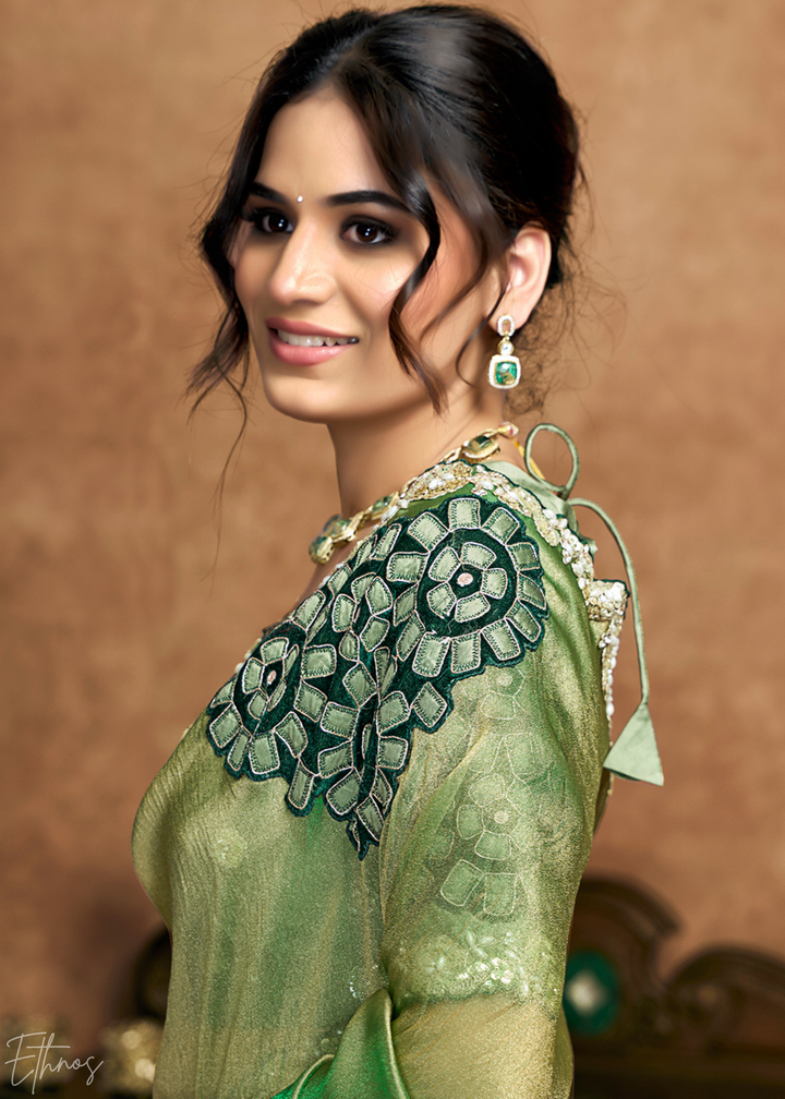 Sage Green Sequin Embroidered Organza Satin Saree