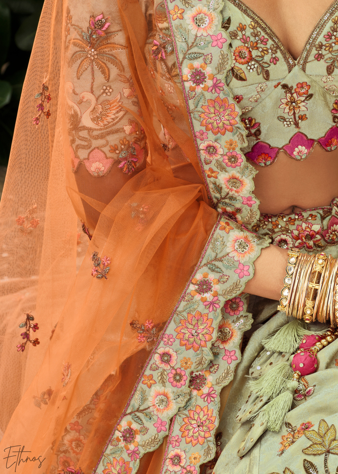 Sage Green Embroidered Silk Lehenga