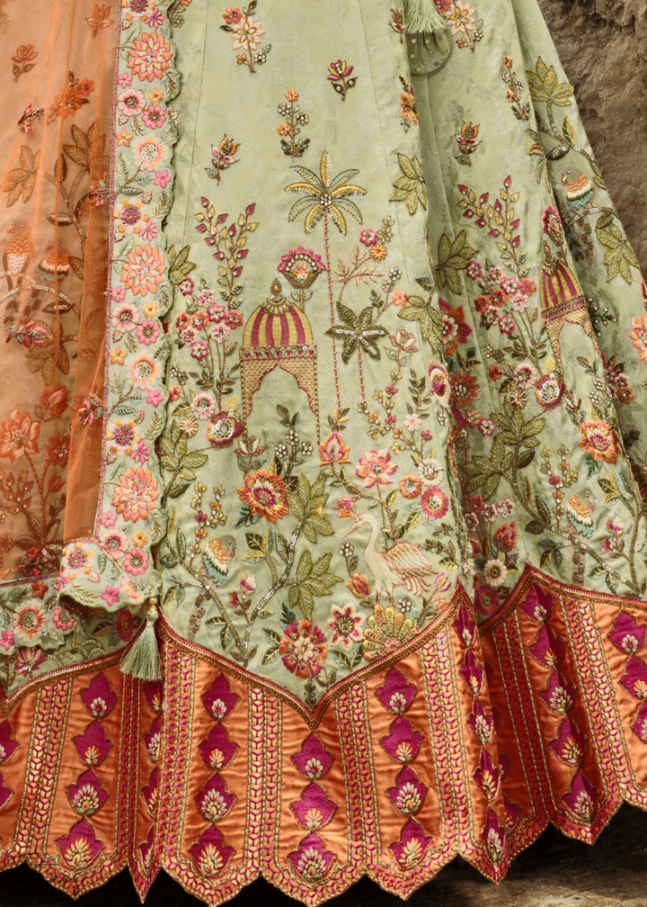 Sage Green Embroidered Silk Lehenga