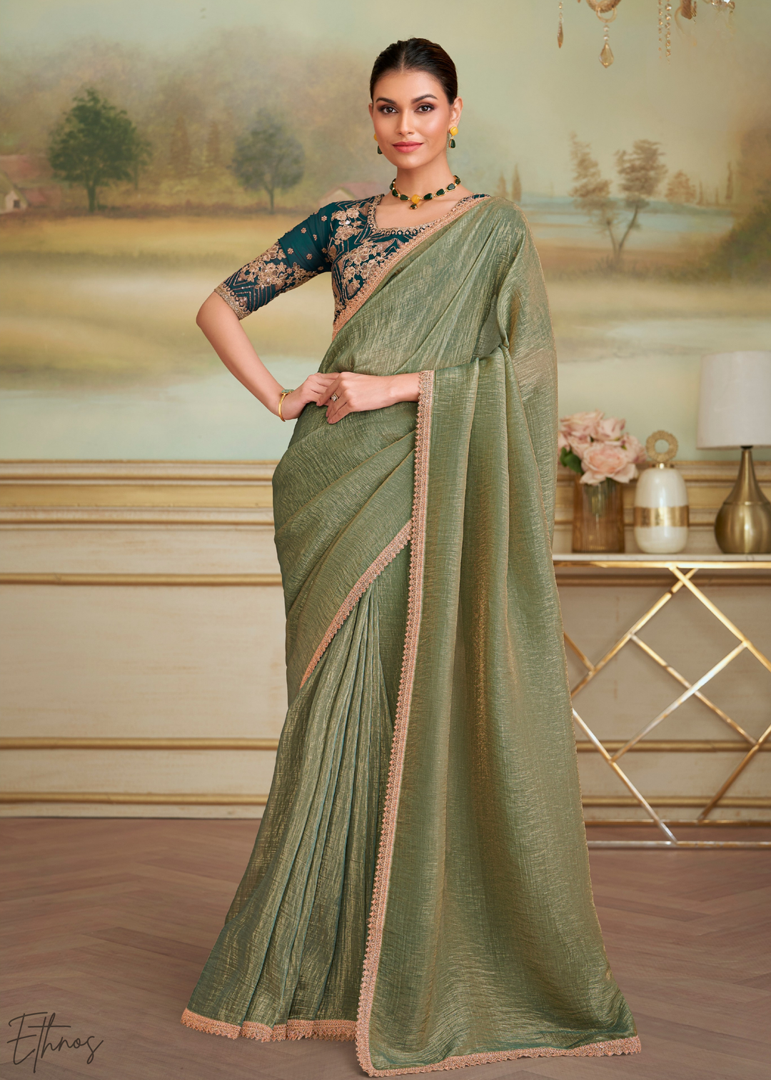 Sage Olive Gold Metallic Georgette Saree