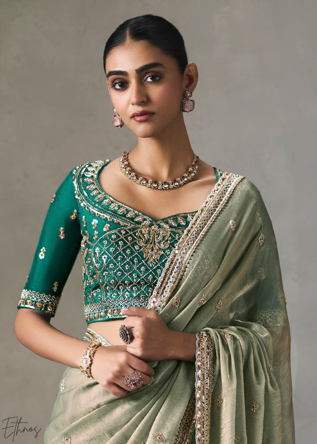 Sage Floral Scallop Beaded Border Silk Saree