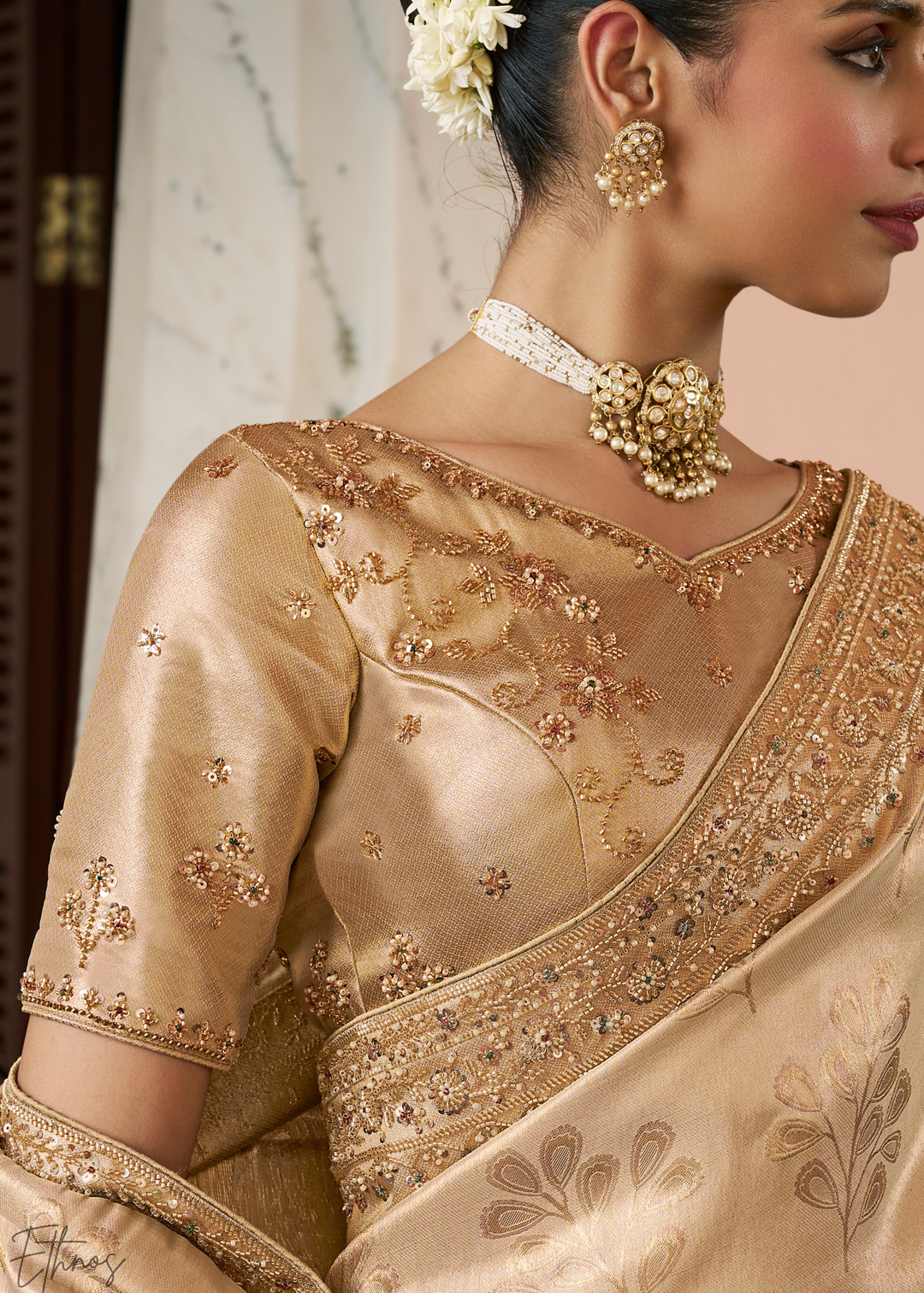 Sand Beige Artisanal Scallop Cutbead Border Kanjivaram Silk Saree