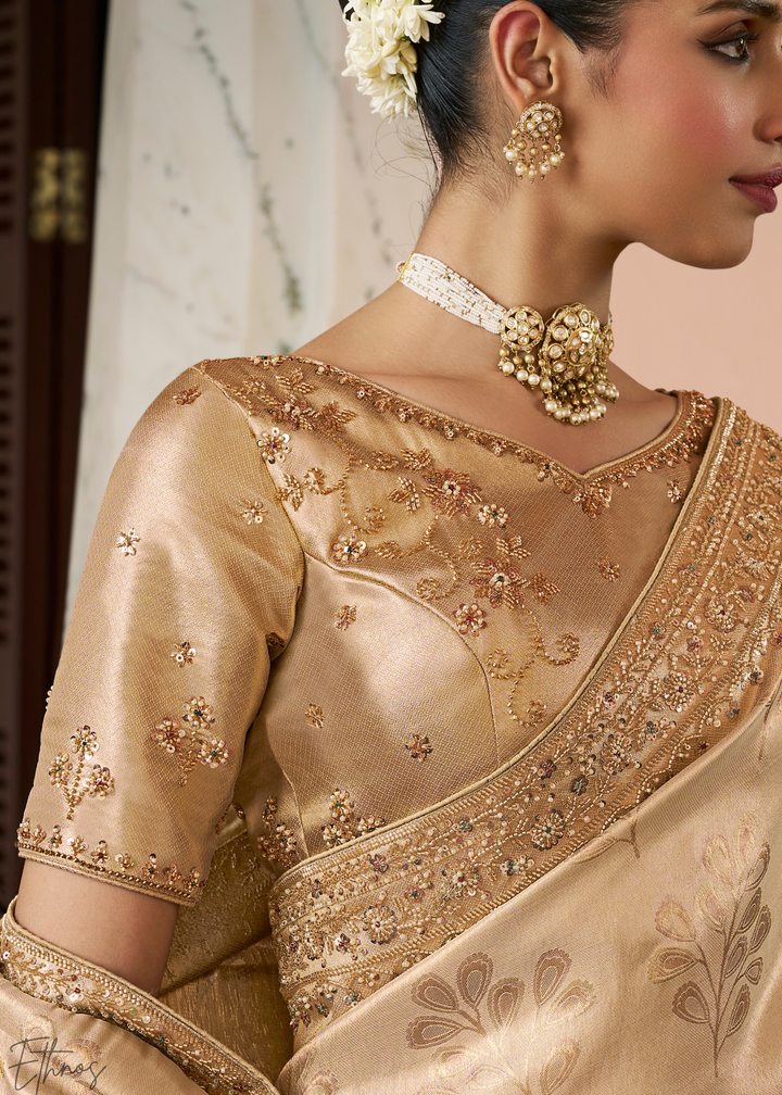 Sand Beige Artisanal Scallop Cutbead Border Kanjivaram Silk Saree