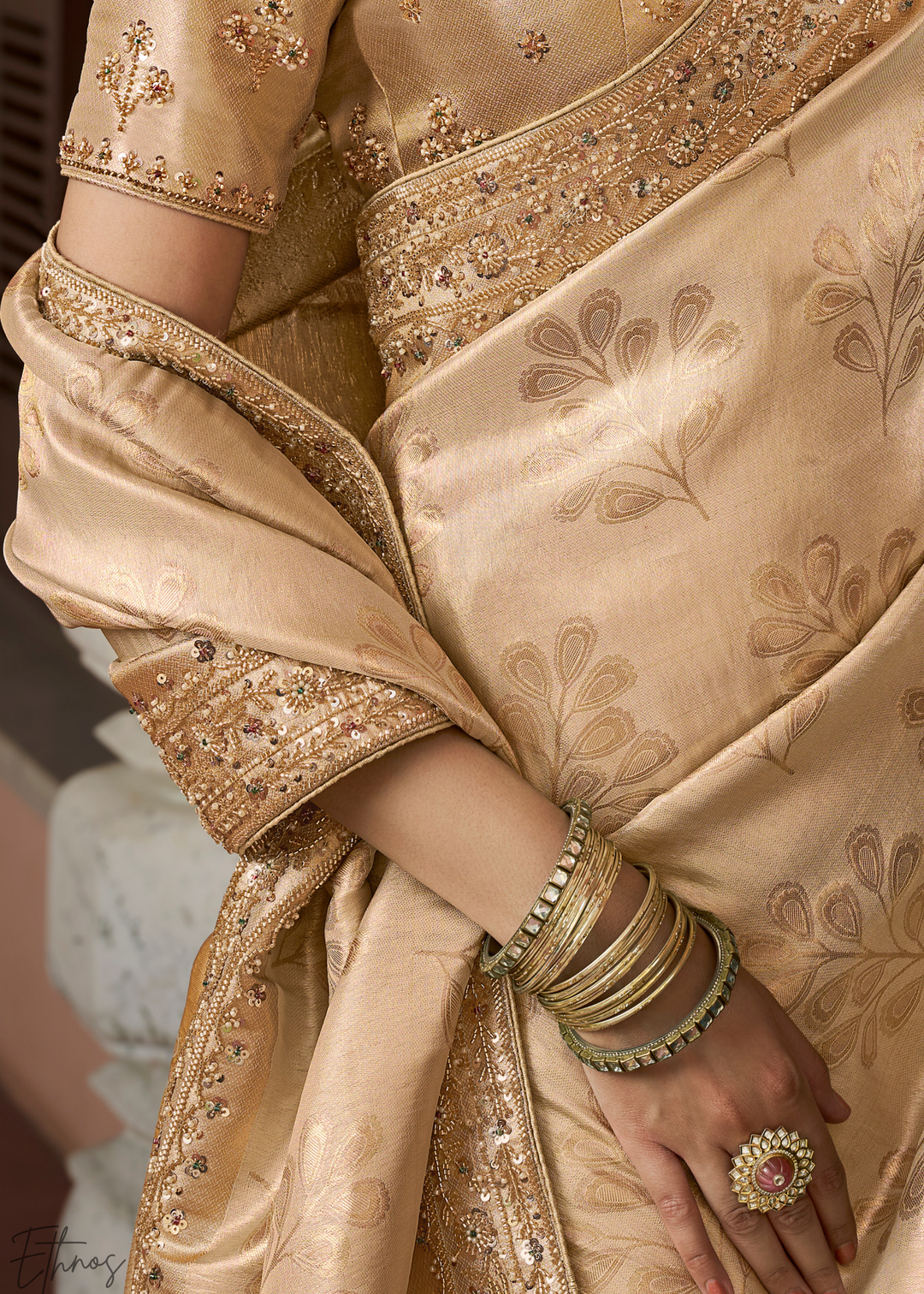 Sand Beige Artisanal Scallop Cutbead Border Kanjivaram Silk Saree