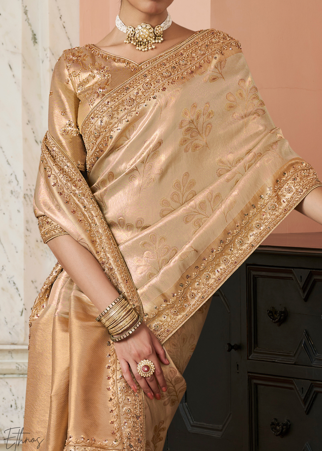 Sand Beige Artisanal Scallop Cutbead Border Kanjivaram Silk Saree