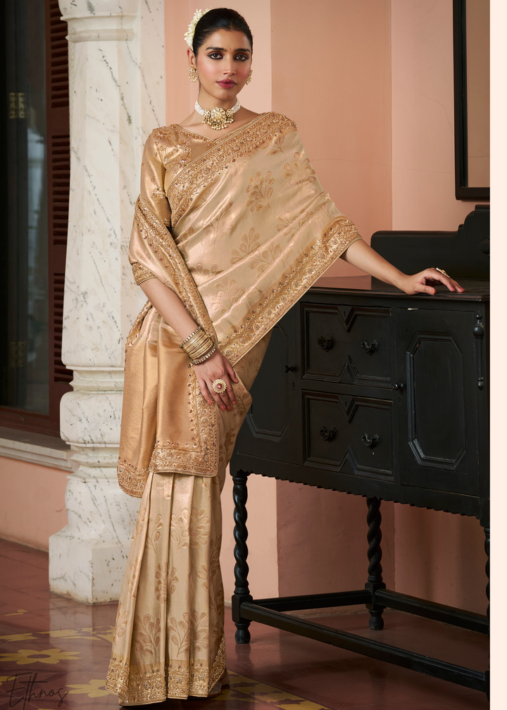 Sand Beige Artisanal Scallop Cutbead Border Kanjivaram Silk Saree