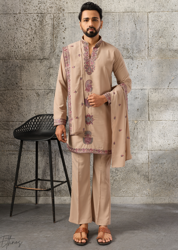 Sand Beige Motif-Embroidered Silk Kurta Traditional Scarf Set