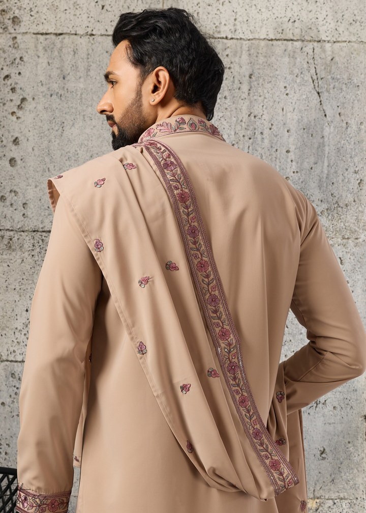 Sand Beige Motif-Embroidered Silk Kurta Traditional Scarf Set