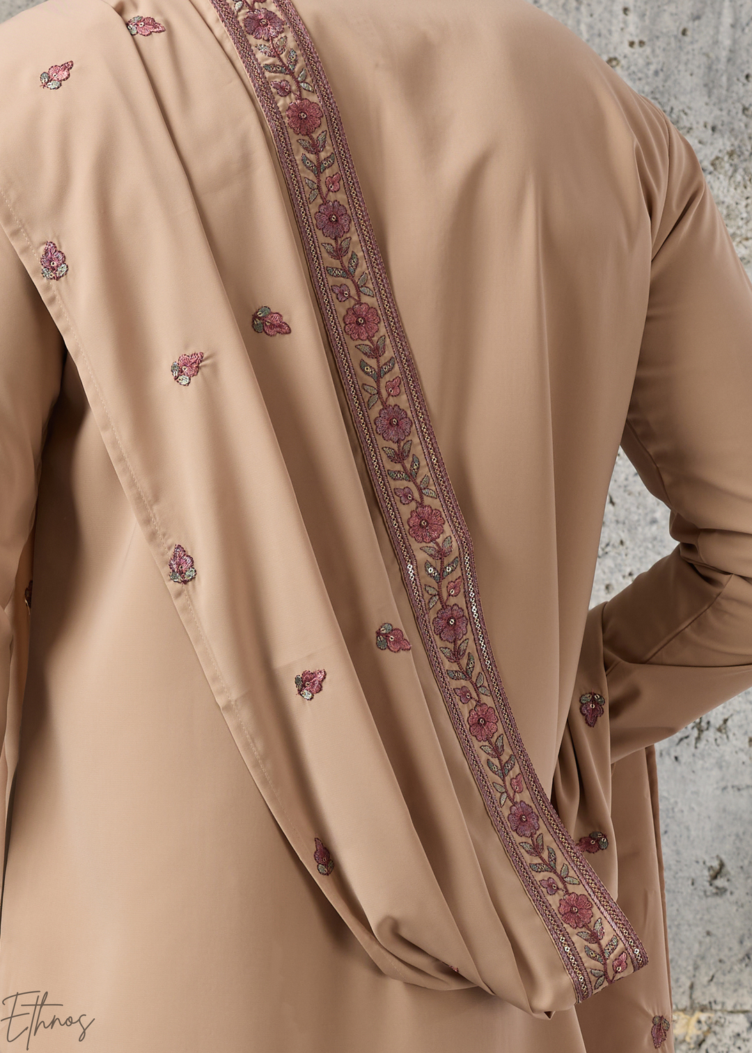 Sand Beige Motif-Embroidered Silk Kurta Traditional Scarf Set