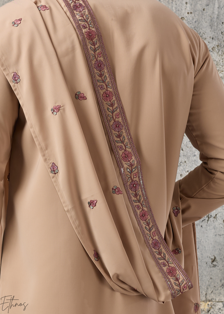 Sand Beige Motif-Embroidered Silk Kurta Traditional Scarf Set